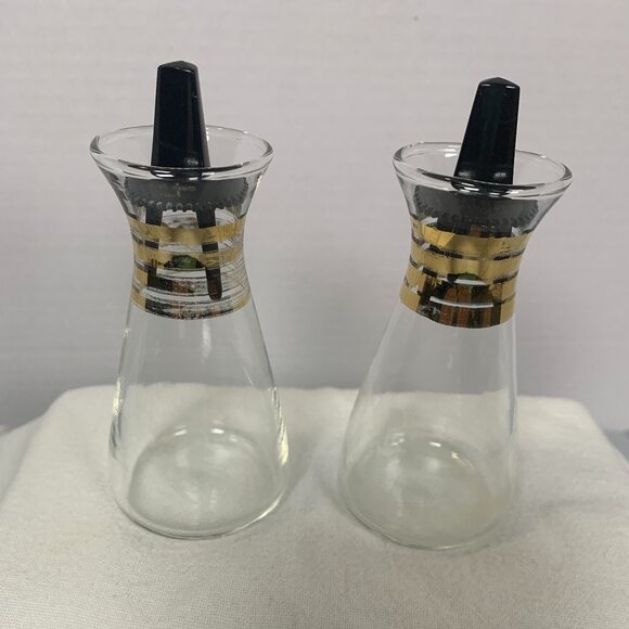 Vintage Pyrex Cruette Bottles Gold Stripes 4.5” Glass USA MCM Oil Vinegar Cruet - Picture 1 of 7